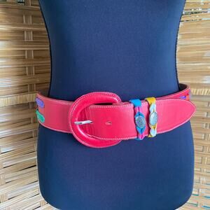 Vintage Ginnie Johansen Red Leather Belt Multi-Color Braids Silver Concho Sz 6